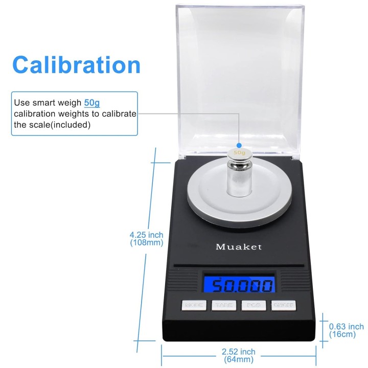 Muaket Báscula digital de precisión 0,001 g/50 g, LCD, 6 unidades, calibración y pilas