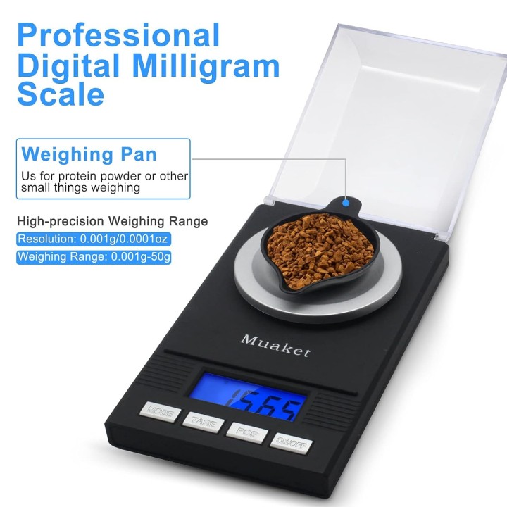 Muaket Báscula digital de precisión 0,001 g/50 g, LCD, 6 unidades, calibración y pilas