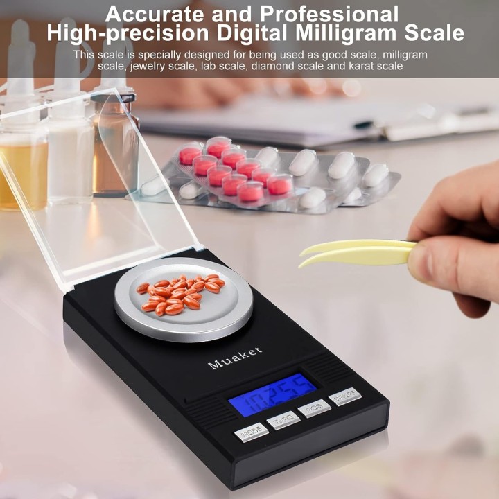 Muaket Báscula digital de precisión 0,001 g/50 g, LCD, 6 unidades, calibración y pilas
