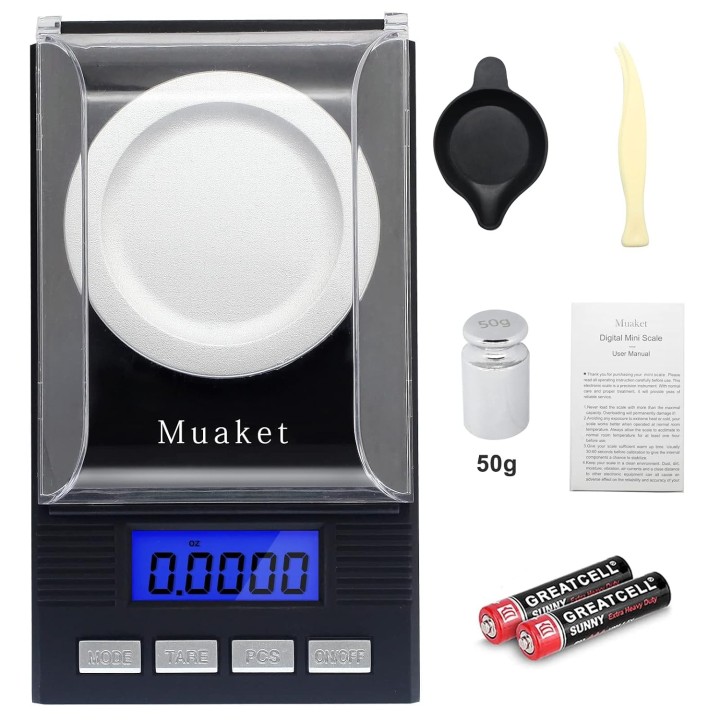 Muaket Báscula digital de precisión 0,001 g/50 g, LCD, 6 unidades, calibración y pilas