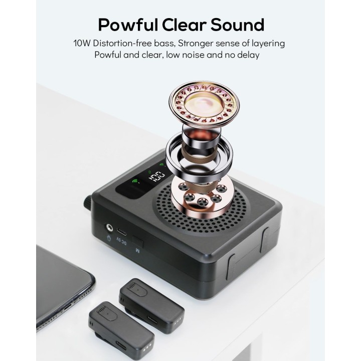 R11 Amplificador de Voz Inalámbrico con 2 Micrófonos Lavalier, Bluetooth, Recargable para Profesores