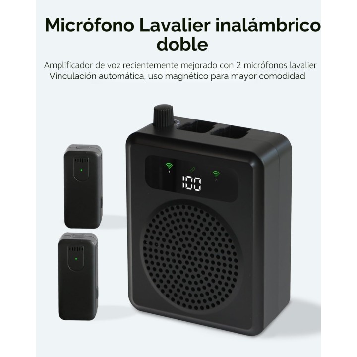 R11 Amplificador de Voz Inalámbrico con 2 Micrófonos Lavalier, Bluetooth, Recargable para Profesores