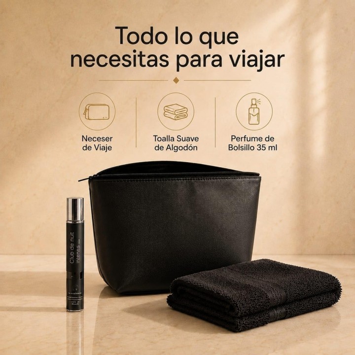 Neceser Hombre Viaje Negro con Toalla de Algodón y Perfume de 35 ml, Compacto