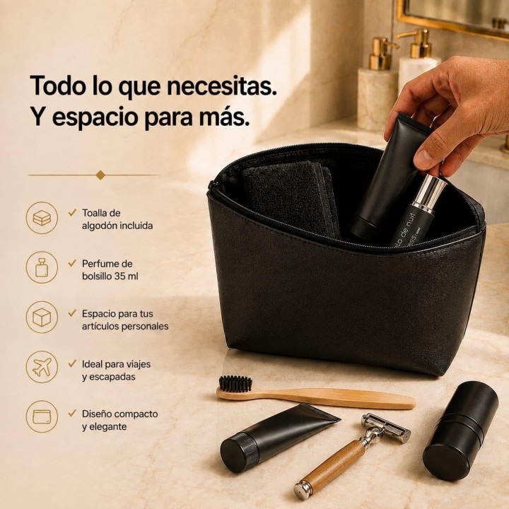 Neceser Hombre Viaje Negro con Toalla de Algodón y Perfume de 35 ml, Compacto