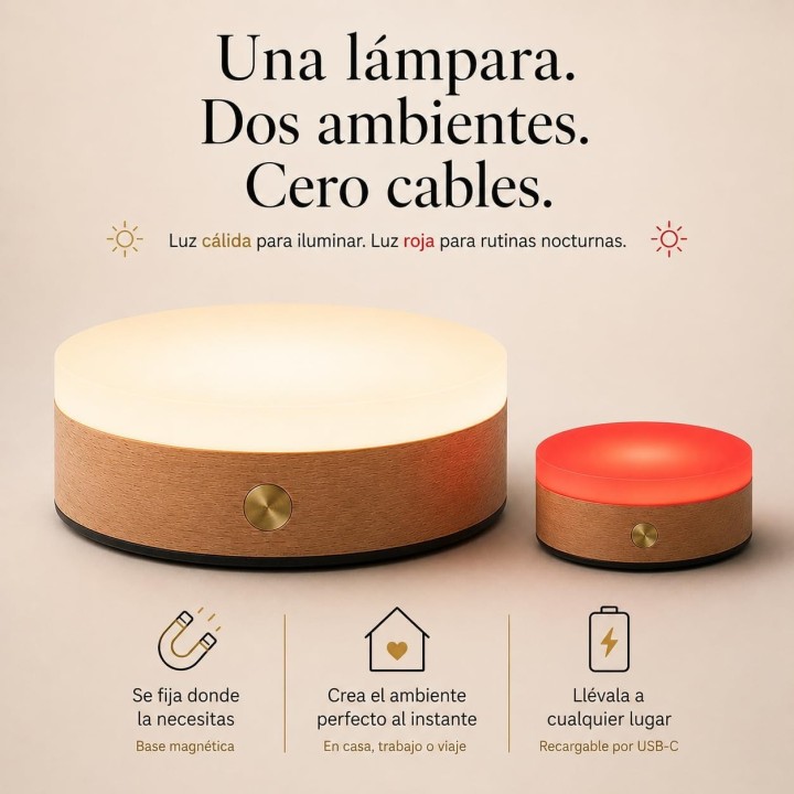 Lámpara Luz Roja Nocturna Recargable Magnética USB-C, Luz Cálida Regulable, Acabado Madera