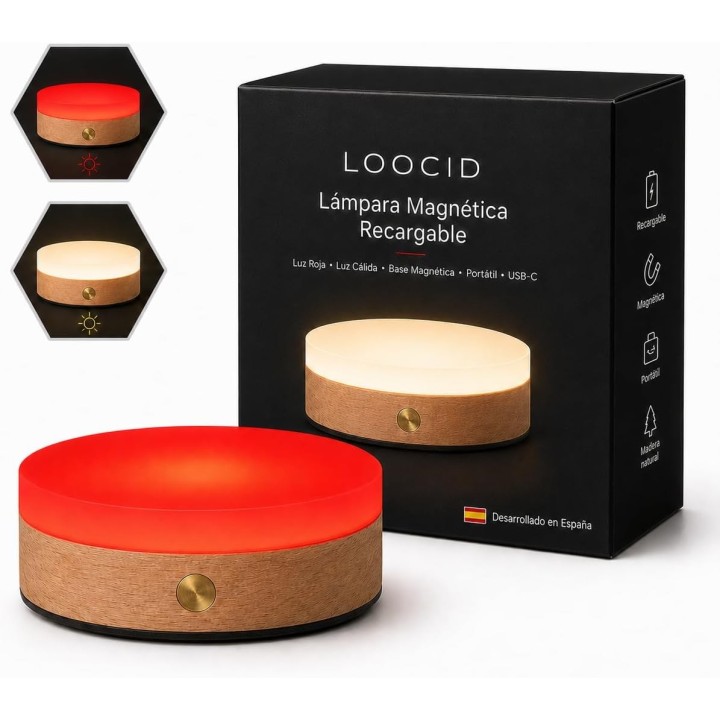 Lámpara Luz Roja Nocturna Recargable Magnética USB-C, Luz Cálida Regulable, Acabado Madera