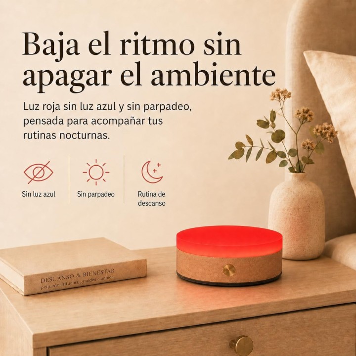 Lámpara Luz Roja Nocturna Recargable Magnética USB-C, Luz Cálida Regulable, Acabado Madera