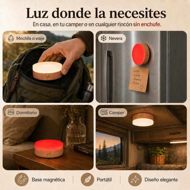 Lámpara Luz Roja Nocturna Recargable Magnética USB-C, Luz Cálida Regulable, Acabado Madera