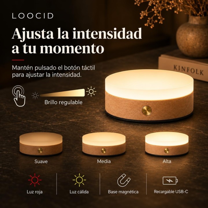 Lámpara Luz Roja Nocturna Recargable Magnética USB-C, Luz Cálida Regulable, Acabado Madera