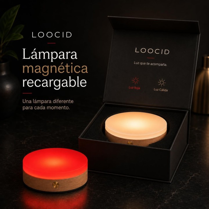 Lámpara Luz Roja Nocturna Recargable Magnética USB-C, Luz Cálida Regulable, Acabado Madera