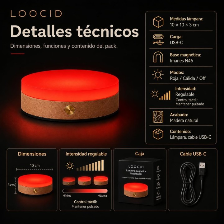 Lámpara Luz Roja Nocturna Recargable Magnética USB-C, Luz Cálida Regulable, Acabado Madera