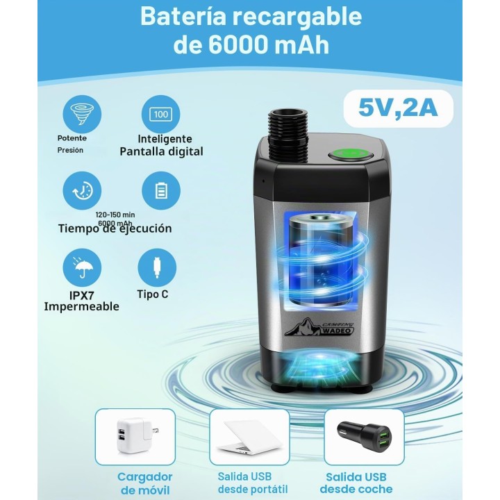 Wadeo Ducha portátil  6000 mAh con bomba, pantalla de temperatura y bolsa