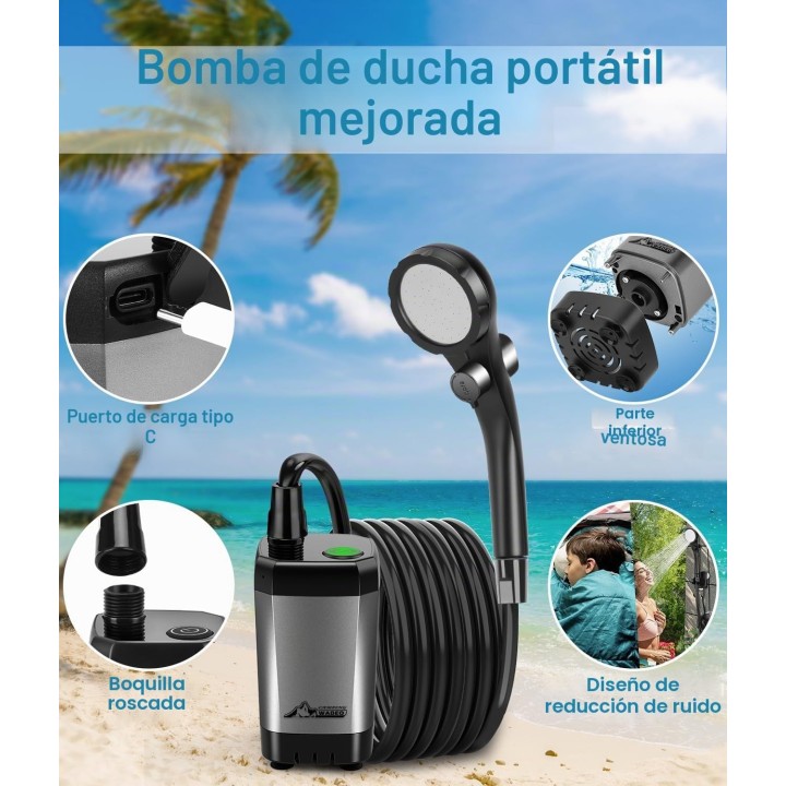 Wadeo Ducha portátil  6000 mAh con bomba, pantalla de temperatura y bolsa