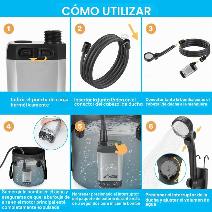 Wadeo Ducha portátil  6000 mAh con bomba, pantalla de temperatura y bolsa
