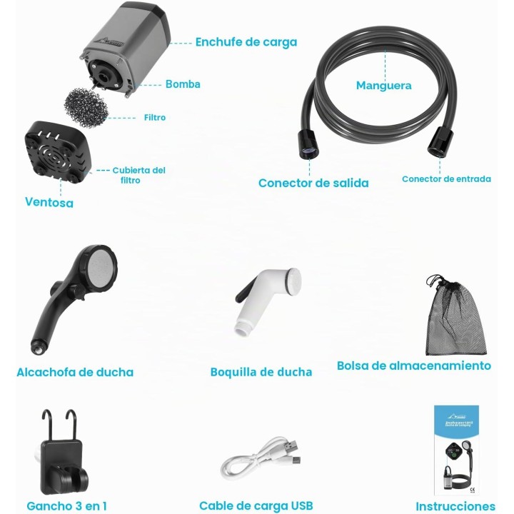 Wadeo Ducha portátil  6000 mAh con bomba, pantalla de temperatura y bolsa