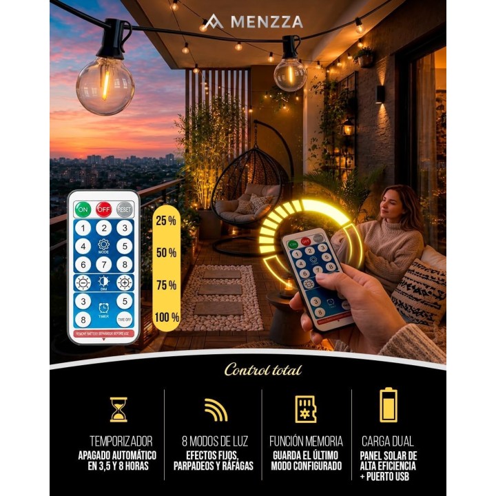 Menzza Luces solares Led 10,45 m, 12 bombillas, IP44, mando, 8 modos, luz cálida