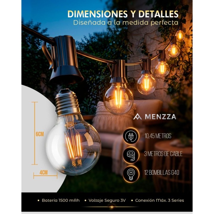 Menzza Luces solares Led 10,45 m, 12 bombillas, IP44, mando, 8 modos, luz cálida