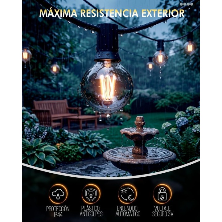 Menzza Luces solares Led 10,45 m, 12 bombillas, IP44, mando, 8 modos, luz cálida