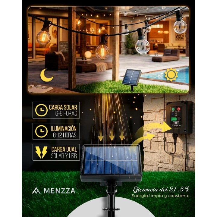 Menzza Luces solares Led 10,45 m, 12 bombillas, IP44, mando, 8 modos, luz cálida