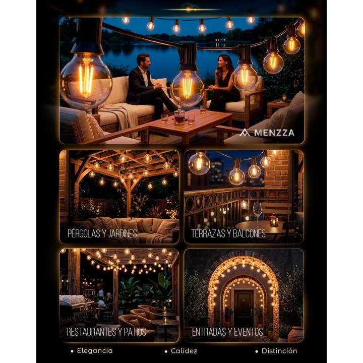 Menzza Luces solares Led 10,45 m, 12 bombillas, IP44, mando, 8 modos, luz cálida