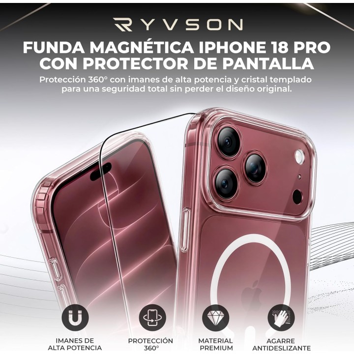 Ryvson Pack funda magnética transparente + cristal templado  para iPhone 18 Pro